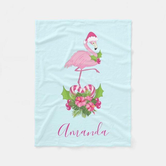 Couverture Polaire Flamant rose rose en Santa Hat avec Sucre de canne (Devant)