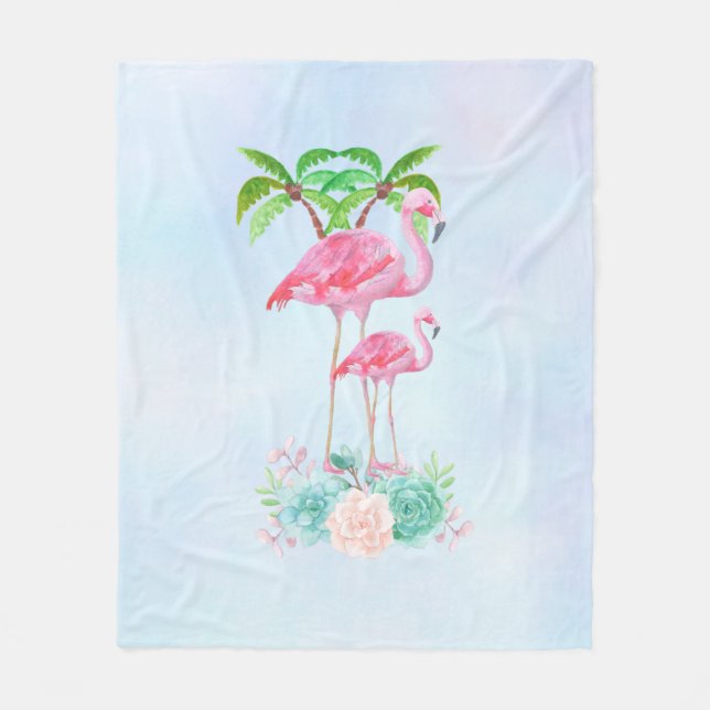 Couverture Polaire Flamant rose rose Momma & bébé avec palmiers (Devant)