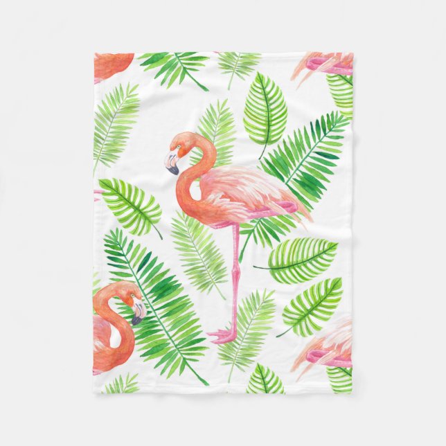 Couverture Polaire Flamants roses et feuilles tropicaux (Devant)