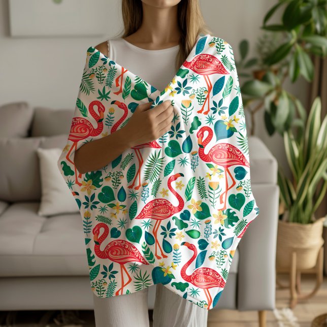 Couverture Polaire Flamants roses et motif de fleurs tropicales (Créateur téléchargé)