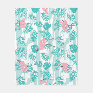 Couverture Polaire flamants roses, feuilles de palmiers verts, tropic