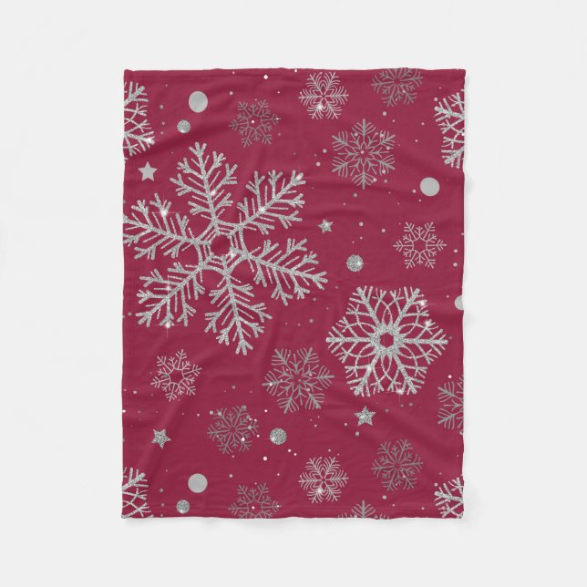 Couverture Polaire Flammes de neige en argent sur rouge foncé (Devant)