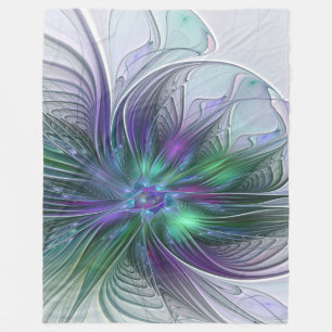 Couverture Polaire Fleur Abstraite Moderne Art Fractal Vert Violet