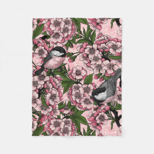 Couverture Polaire Fleur de cerisiers et poulets roses