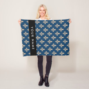 Couverture Polaire Fleur de Lis, Beige sur Bleu Nuit, Royal, Votre No