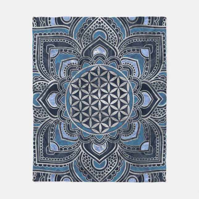 Couverture Polaire Fleur de vie à Lotus - Cristal bleu et argent (Devant)