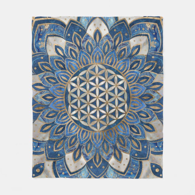 Couverture Polaire Fleur de vie à Lotus - Marbre bleu et perle (Devant)