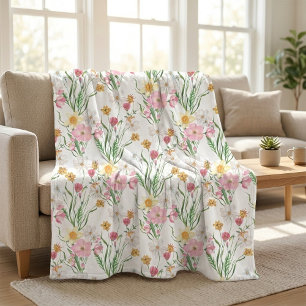 Couverture Polaire Fleur sauvage aquarelle verte rose