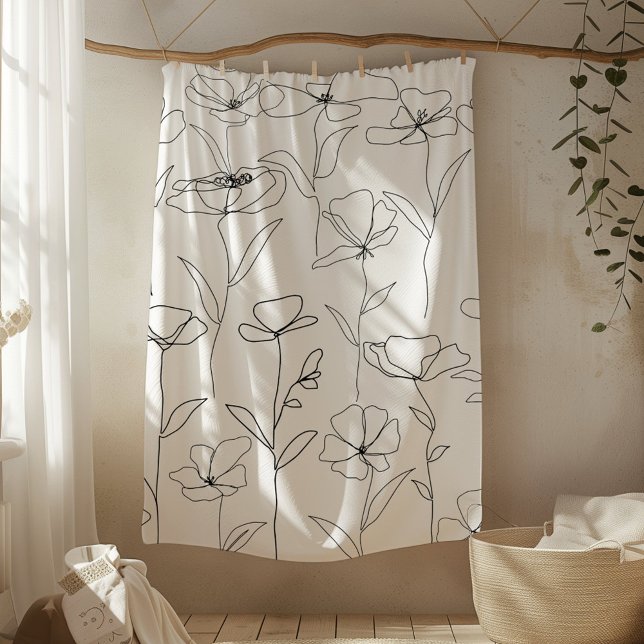 Couverture Polaire Fleur sauvage de pavot noir et blanc minimal flora (In situ)