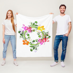 Couverture Polaire Fleur tropicale couronne hibiscus vert rose orange