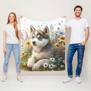 Couverture Polaire Fleurs à l'aquarelle et chiot husky sibérien