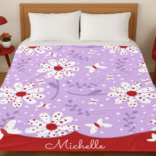 Couverture Polaire Fleurs blanches à pois rouges sur fond violet
