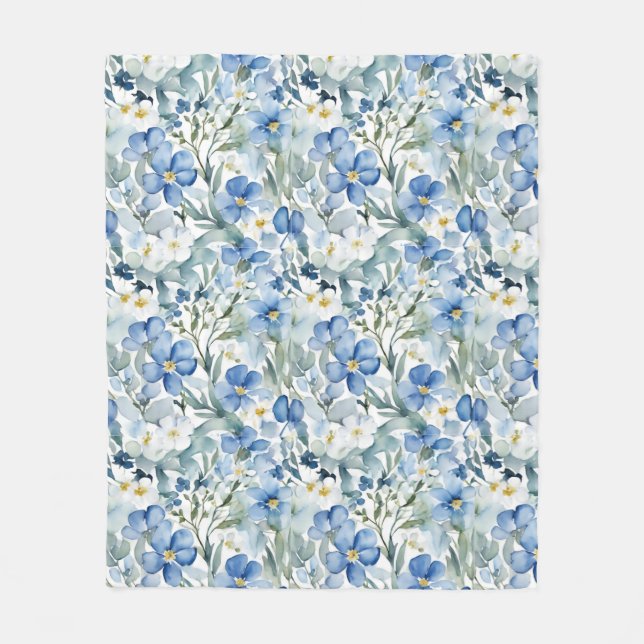 Couverture Polaire Fleurs Bleues Blancs Aquarelle Chic (Devant)