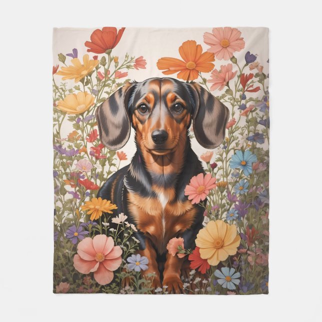 Couverture Polaire Fleurs Brown De Dachshund Et Cosmos (Devant)