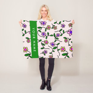 Couverture Polaire Fleurs Colorées, Fond Rose, Vert