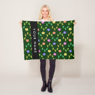 Couverture Polaire Fleurs Colorées, Fond Vert, Noir