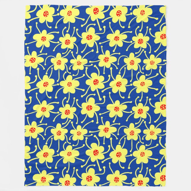 Couverture Polaire Fleurs concurrentes - Jaune et rouge sur bleu mari (Devant)