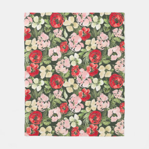 Couverture Polaire Fleurs d'aquarelle de Noël bleues et vertes foncée