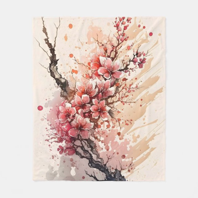 Couverture Polaire Fleurs d'aquarelle en fleur de cerisier rouge rose (Devant)