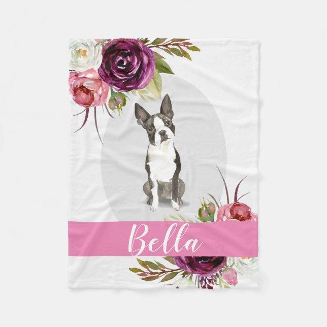 Couverture Polaire Fleurs d'aquarelle rose Boston Terrier (Devant)