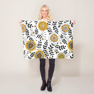 Couverture Polaire Fleurs de gribouillis et feuilles en jaune et noir