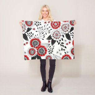 Couverture Polaire Fleurs de gribouillis et feuilles en rouge et noir