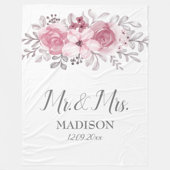 Couverture Polaire Fleurs de mariage romantiques aquarelle rose M & M (Devant)