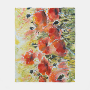 Couverture Polaire Fleurs de pavot rouge, aquarelle douce.