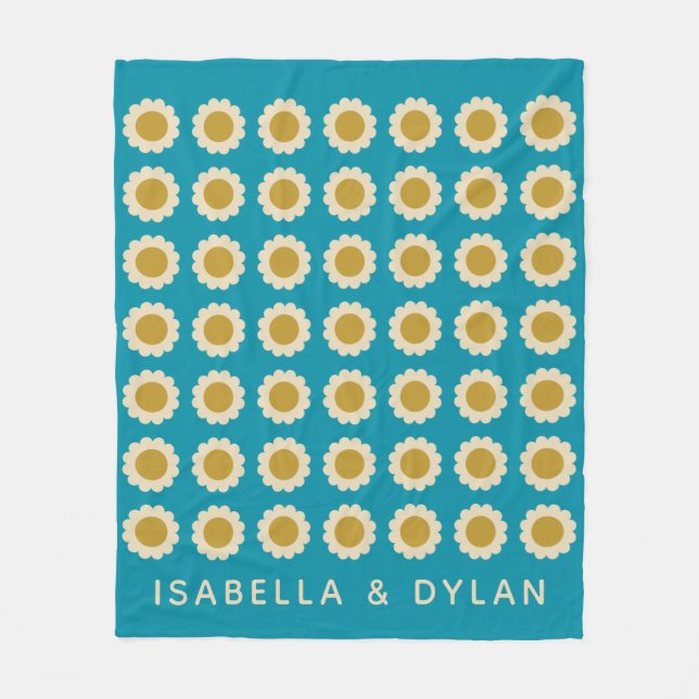 Couverture Polaire Fleurs de Pop Retro Motif Turquoise Personnalisé (Devant)