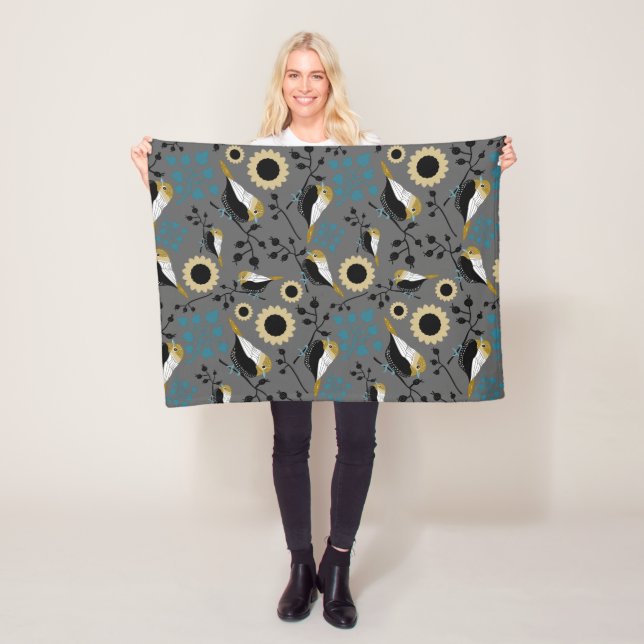 Couverture Polaire Fleurs de poulet Berries Turquoise Or Noir (En situation)