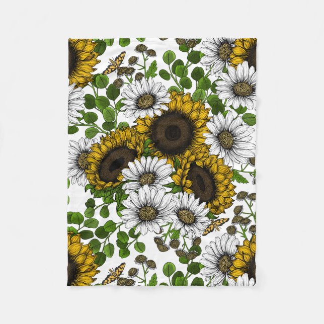 Couverture Polaire Fleurs de soleil et marguerites, jardin d'été 3 (Devant)