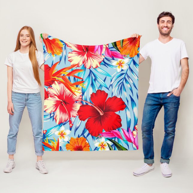 Couverture Polaire fleurs d'hibiscus bleu tropical (En situation)