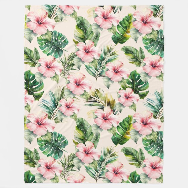 Couverture Polaire Fleurs d'Hibiscus Feuille Crème Blush rose Tropica (Devant)