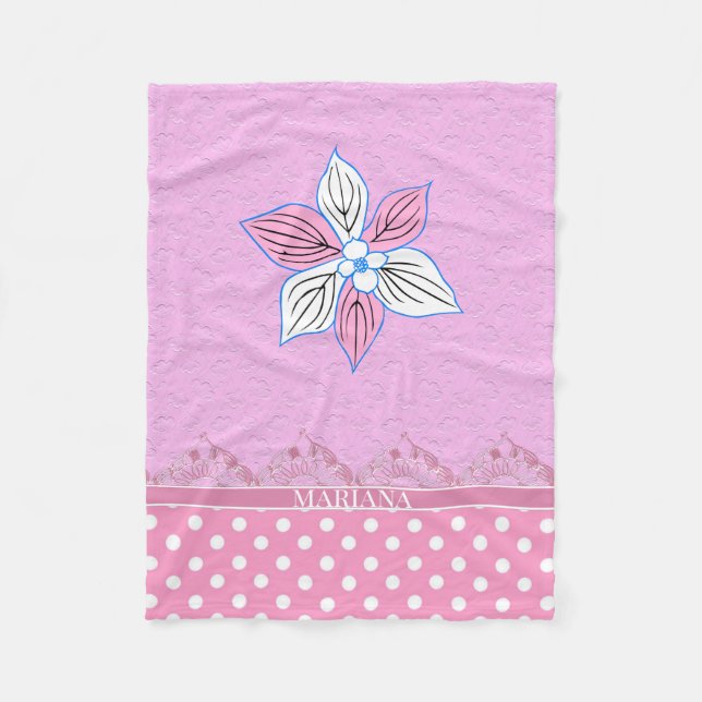 Couverture Polaire Fleurs Et Points Rose Et Blanc (Devant)