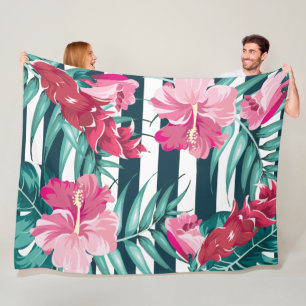 Couverture Polaire Fleurs exotiques roses rayées