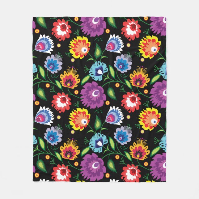Couverture Polaire Fleurs folkloriques sur arrière - plan noir (Devant)