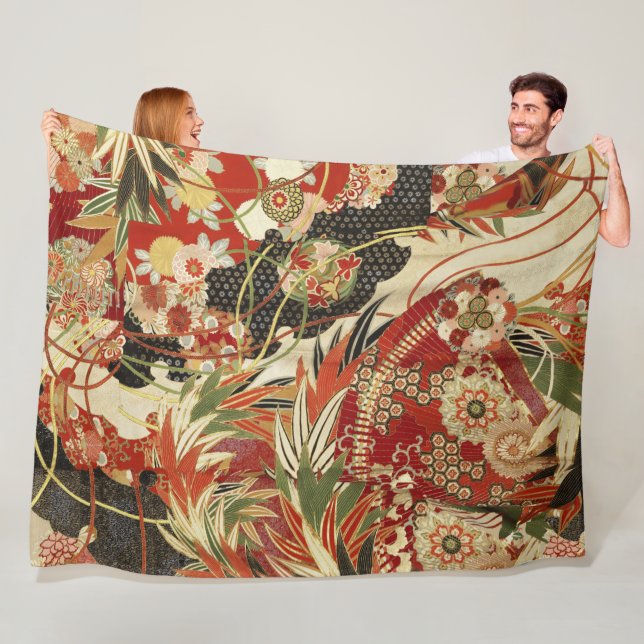 Couverture Polaire FLEURS JAPONAISES ANCIENNES Rouge Vert Noir Floral (En situation)