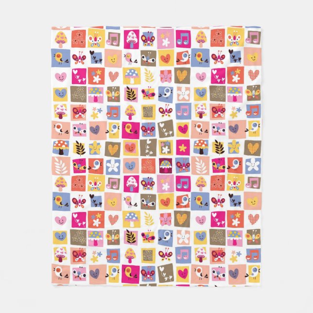 Couverture Polaire fleurs mignonnes, oiseaux, motif de carrés de (Devant)