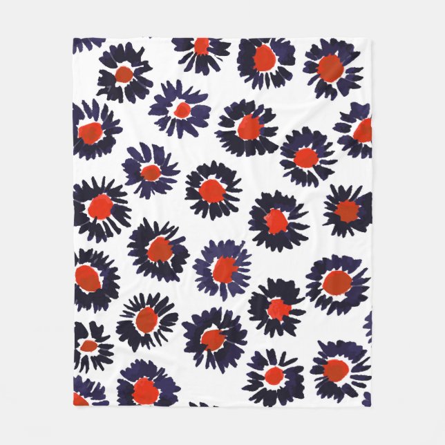 Couverture Polaire Fleurs peintes à la main, motif rouge et bleu. (Devant)