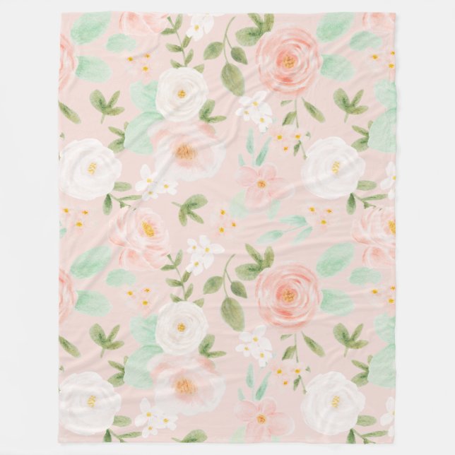 Couverture Polaire Fleurs Roses d'aquarelle en rose et en rose (Devant)