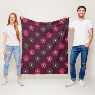 Couverture Polaire Fleurs roses et violettes sur fond bordeaux