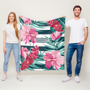 Couverture Polaire Fleurs roses exotiques Monogrammes rayés