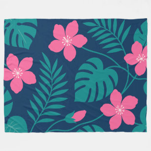 Couverture Polaire Fleurs roses tropicales et feuillage vert Design