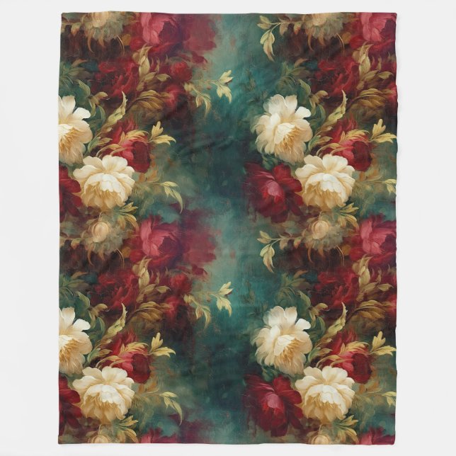 Couverture Polaire Fleurs rouges blanches vertes (Devant)
