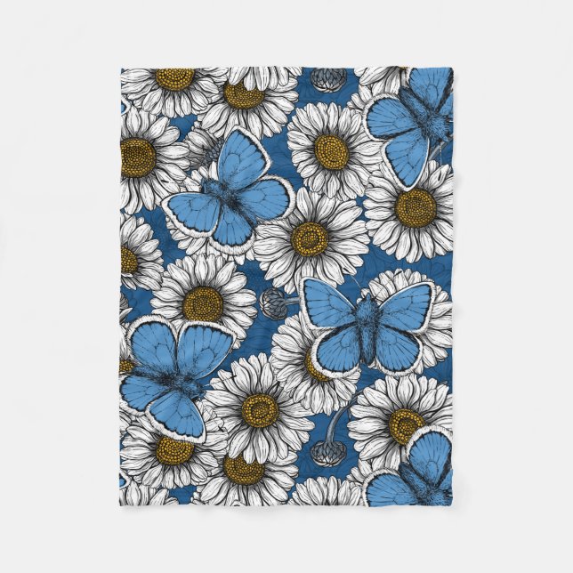 Couverture Polaire Fleurs sauvages blanches et papillons bleus (Devant)