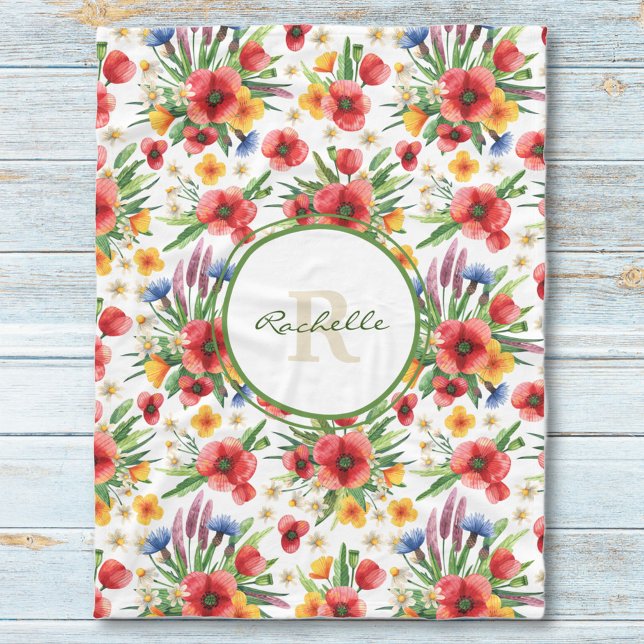 Couverture Polaire Fleurs sauvages colorés illustrés, Motif de pavots (Créateur téléchargé)