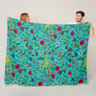 Couverture Polaire Fleurs sauvages et papillons de nuit sur turquoise
