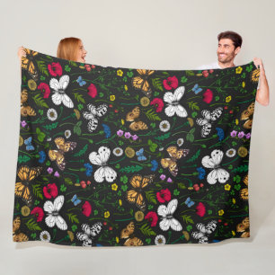 Couverture Polaire Fleurs sauvages et papillons sur le noir