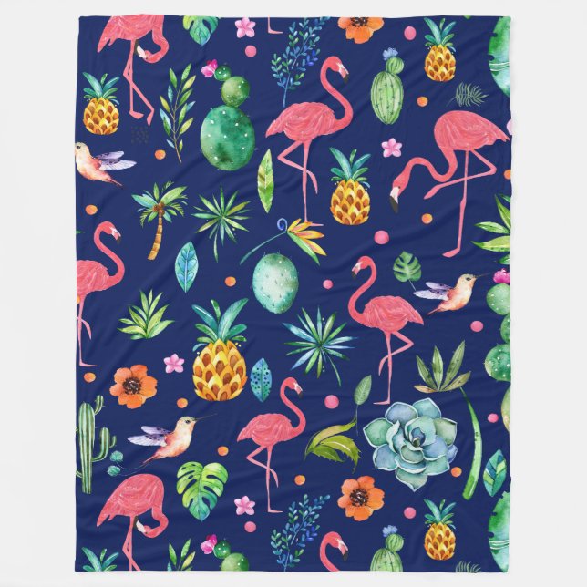 Couverture Polaire Fleurs tropicales et Flamants roses roses (Devant)