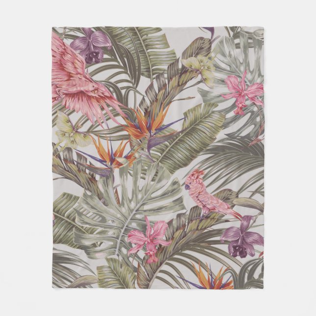 Couverture Polaire Fleurs tropicales, feuilles de palmiers, oiseau de (Devant)